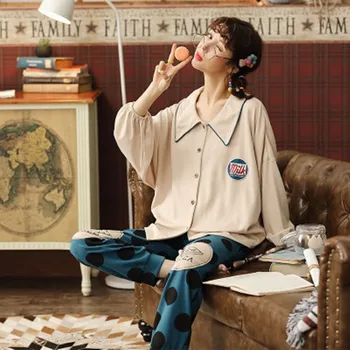 

Women's spring and autumn cotton pajamas women's long sleeve loose home clothes Korean version solid color cardigan pants suit