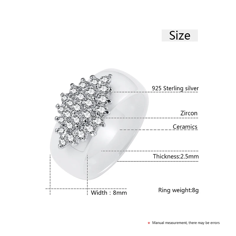 8 мм Ширина Керамика кольца черный, белый цвет серебро Цвет никогда не увядает здоровым Керамика Для женщин обручальные кольца CZ Кристалл Кольца, подарок на Рождество