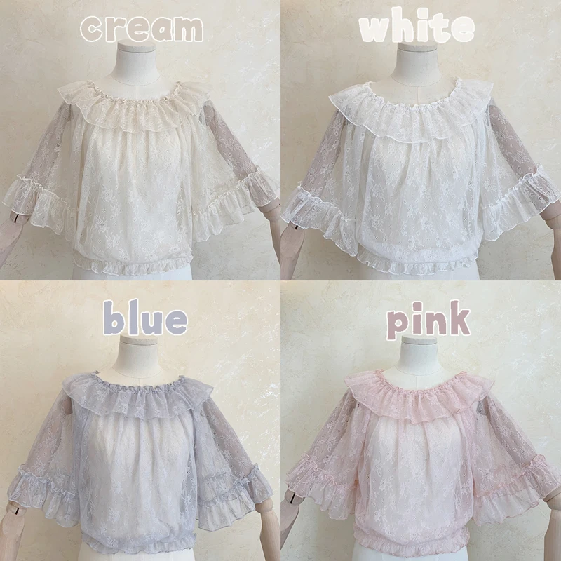 Embroidery Blouses Lolita Shirt Student-Shirts Mesh See-Through Ladies Tops Transparent