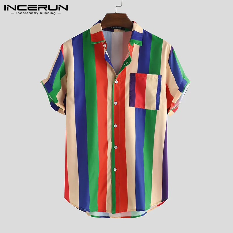 INCERUN-camisa a rayas coloridas para hombre, blusa de calle informal holgada de manga corta, camisas hawaianas de playa a la moda, 2021