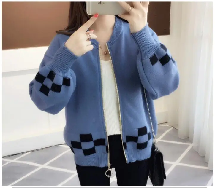 Blue YAGENZ вязаный женский кардиган Модный зимний стиль длинный рукав теплый вязаный свитер на молнии женский свитер элегантный дизайн 437 - Цвет: Blue