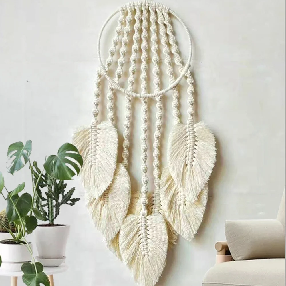 Feather Leaf Macrame Hoop Dream Catcher for Wall Art Hanging Bedroom Home Decoration Ornament Craft Gift Handmade Woven Tapestry