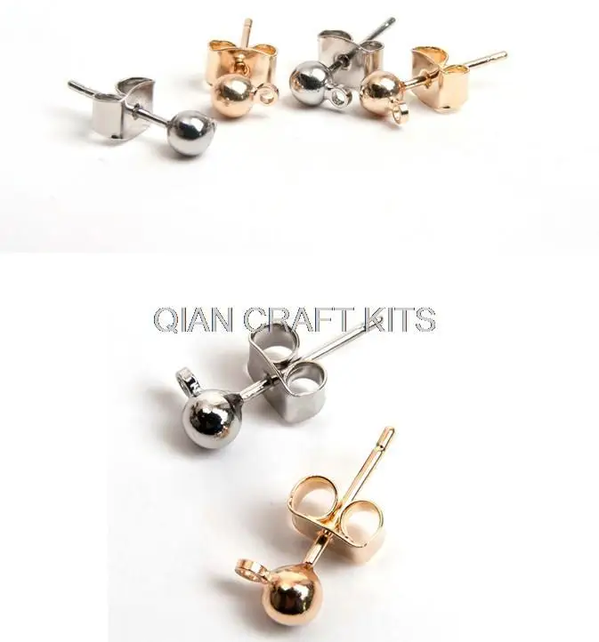 

400sets high quality 4mm zinc alloy ball Posts studs with Hanging Loop and free stoppers gold or silver ball Stud Earring Posts