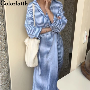 Colorfaith New 2021 Summer Women Shirt Dress Striped Lapel Single-breasted Lace Up Loose Cotton and Linen Casual Dress DR2268 1