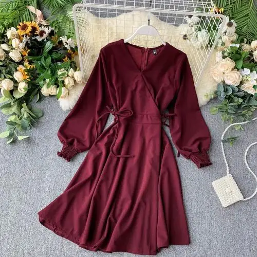 Burgundy Neploe/женское осеннее элегантное Пышное Платье с длинным рукавом, ropa mujer, v-образный вырез, высокая талия, тонкие вечерние платья трапециевидной формы, Vestido, зима 46380 - Цвет: Burgundy