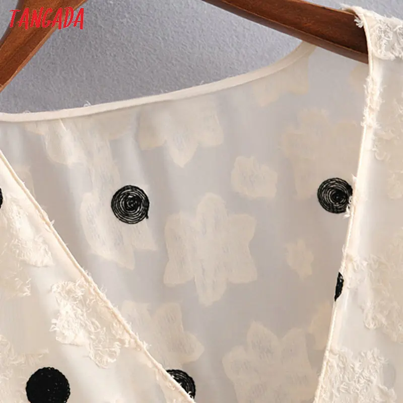  Tangada women vintage oversized dots embroidery blouse v neck flare long sleeve female casual shirt