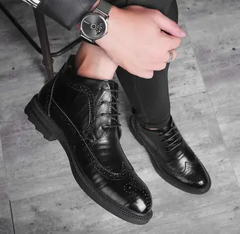 

Mid Men's Boots Bullock High leather boots lace-up round toe dress oxford foe men wedding party office shoes
