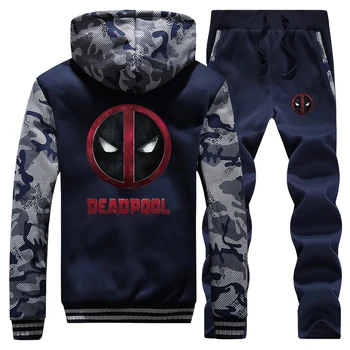 

Mens Camouflage Casual Hoodies Jackets Coat Thick Fleece Funny Deadpool Sportswear + 2019 Winter Hot Sale Pants 2 Piece Set Suit
