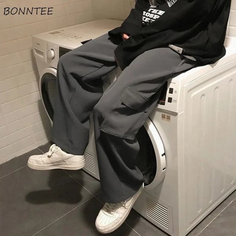 

Casual Pants Women Couple Pockets BF Straight Solid Loose All-match Leisure Fashion Korean Style Student Daily Soft Female New