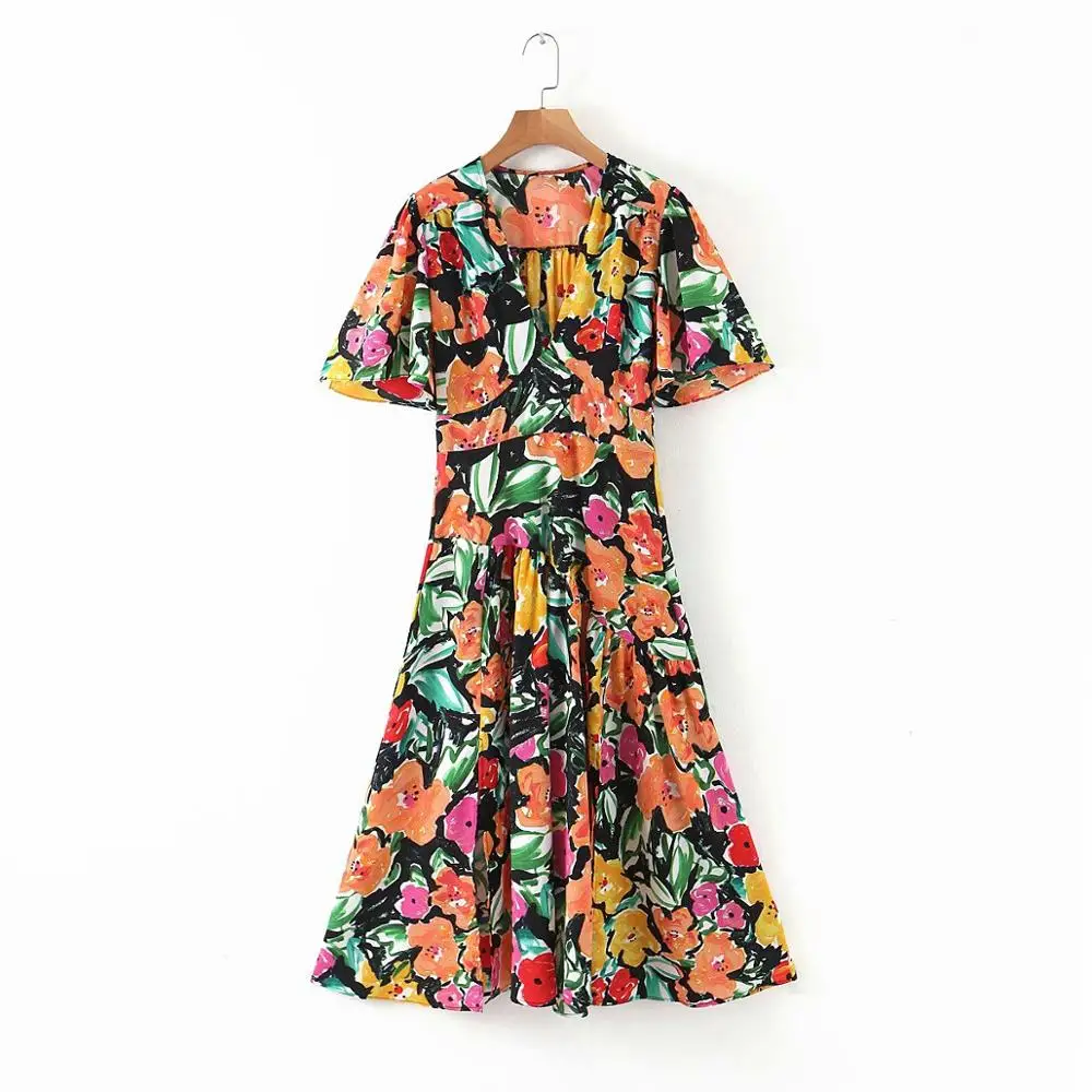 2020 New women vintage colorful graffiti print casual slim midi dress femme v neck hem pleats side split vestidos dresses DS3502 2020 New women vintage colorful graffiti print casual slim midi dress femme v neck hem pleats side split vestidos dresses DS3502