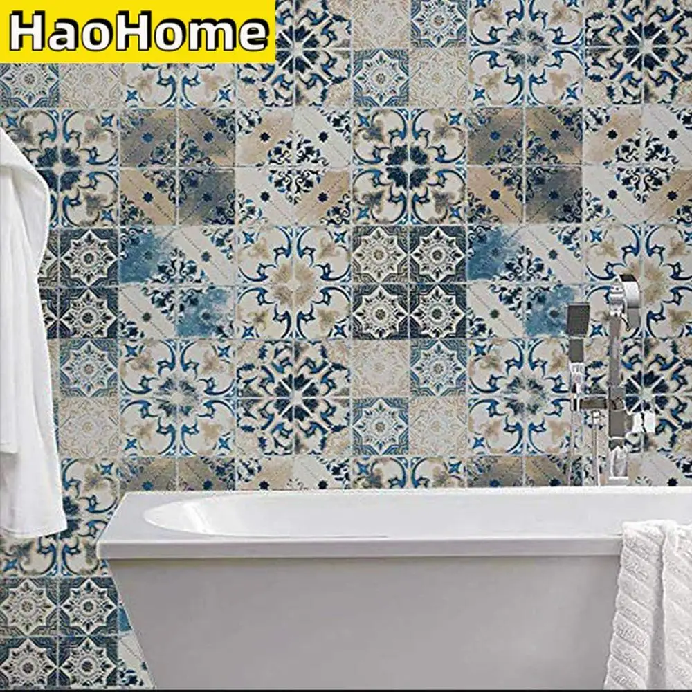 HaoHome Blue Tile Wallpaper Peel and Stick Wallpaper Vintage Contact Paper Waterproof Embossed Self Adhesive Removable Wallpaper 0 4mm thick waterproof floor stickers for bathroom ground pvc self adhesive peel and stick embossed removable floor tile clings