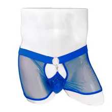 Men's Sexy Mesh Transparent Brief Open Penis Underwear Man Mid-Waist Panties Man Breathable Underpant Metal Buckle Hollow Boxer