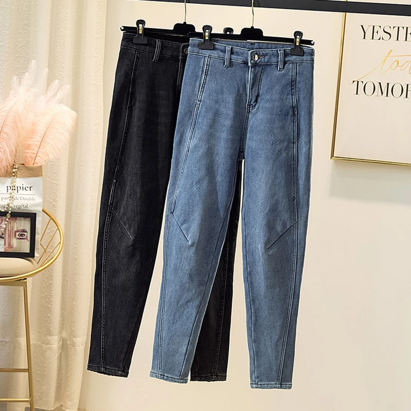 

Winter Plus Size Thinck Velvet Women's Jeans High Waist Harem Pants Soft Patchwork Denim Mujer Ankle Length Warm Boyfriend Jeans