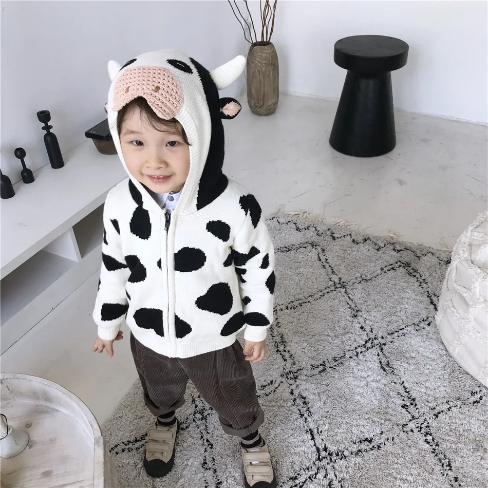 Tonytaobaby/Новинка зимы; милый свитер с капюшоном на молнии с трехмерной коровой для мальчиков и девочек; Детский свитер