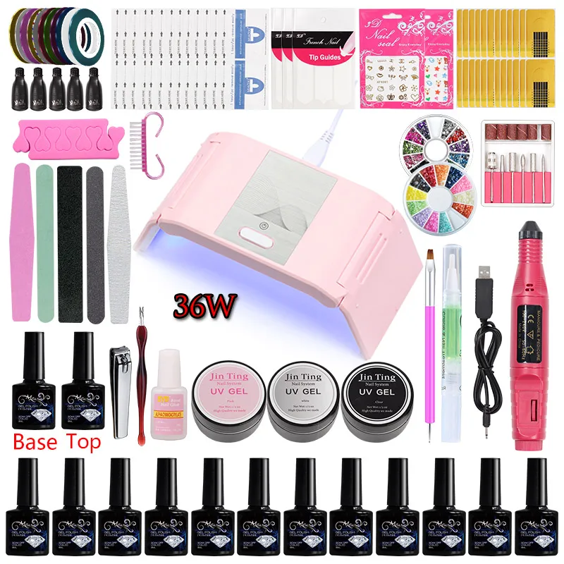 36W lamp nail kit Маникюрный набор, акриловый набор для ногтей, профессиональный набор гель-лаков для ногтей с УФ-лампой, базовое верхнее покрытие, полигелевые наборы для нейл-арта, инструменты - Цвет: 36W lamp nail kit