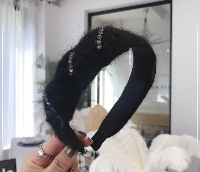 Женские зимние головные уборы с искусственными кристаллами из шерсти Minks, однотонные шерстяные повязки для волос с боковым узлом для взрослых, аксессуары для волос