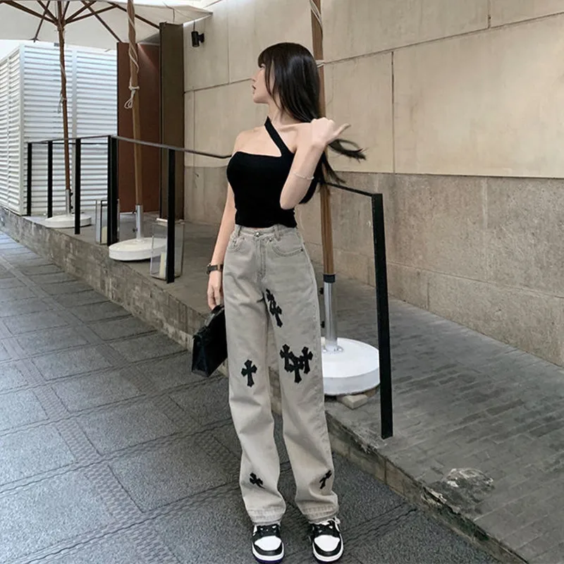 Streetwear Korean Fashion Cross Applique Jeans Woman High Waist Y2k  Straight Baggy Pants Vintage Clothes Denim Trousers - Jeans - AliExpress