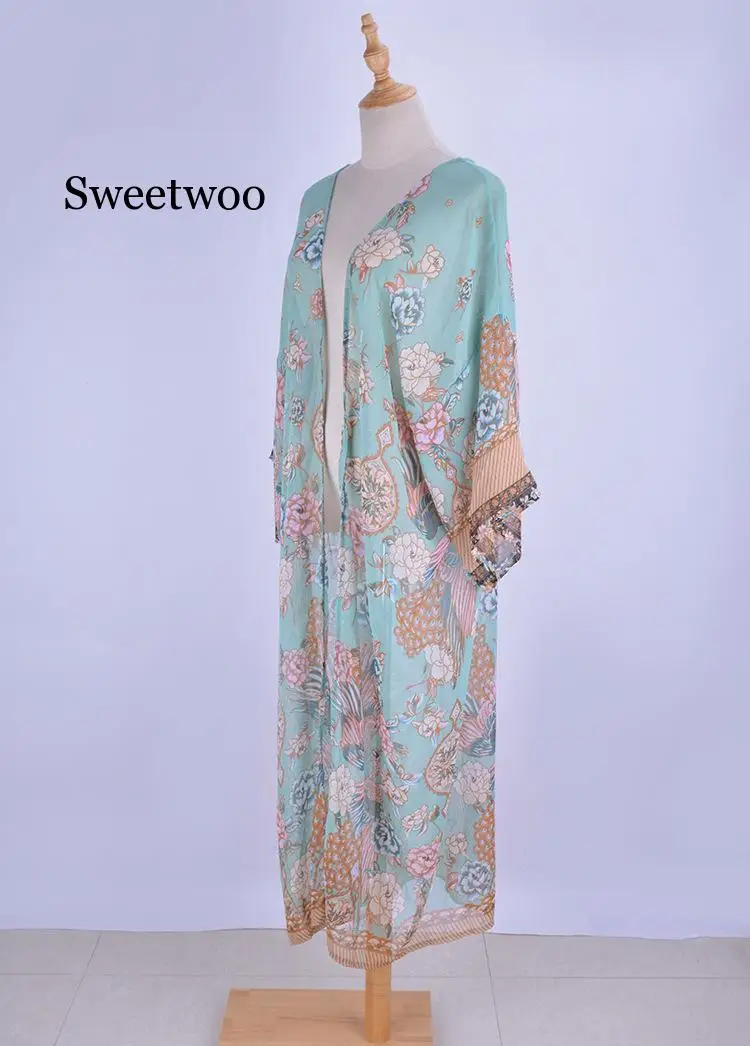 kimono Wrapped coat for women rayon boho green floral print summer coat beach wear long 2020