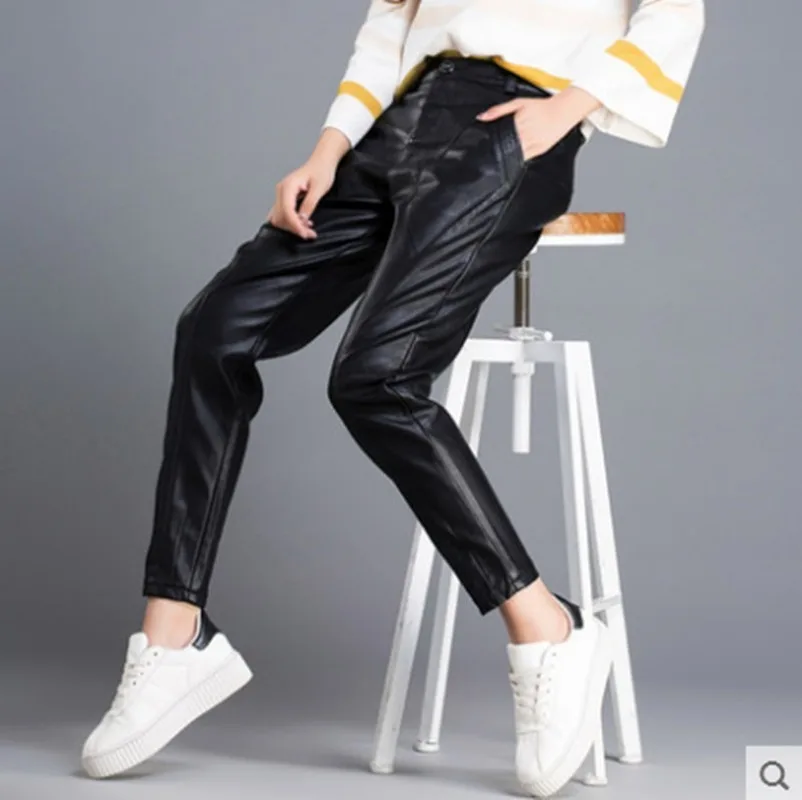 Кожаные Брюки женские осенние и зимние новые корейские повседневные брюки женские свободные штаны из искусственной кожи