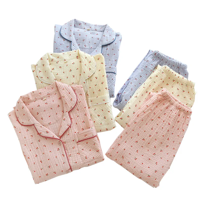 

Spring And Autumn New Women Pajamas Set Comfort Gauze Cottom Thin Loose Turn-Down Collar Sleepwear Ladies Casual Wear Homewear