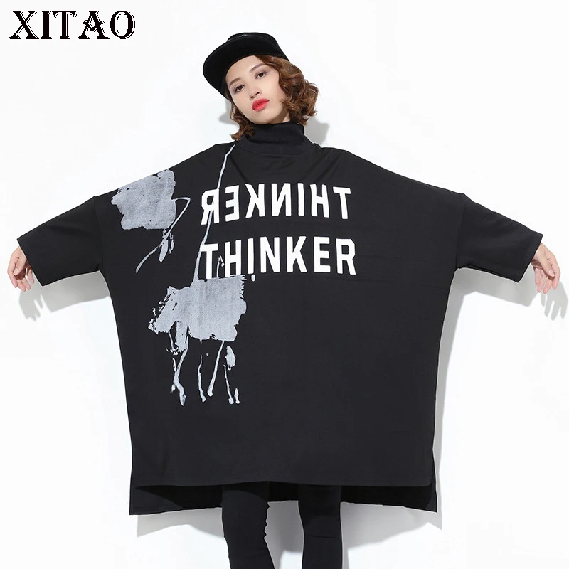 

XITAO Plus Size Mini Dress Women Korea Fashion New Turtleneck Print Letter Pattern Batwing Sleeve Casual Autumn Elegant XWW545