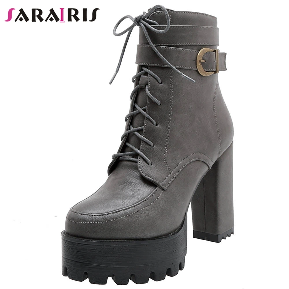 

SARAIRIS Motorcycle Boots Women New Square High Heels Round Toe Platform Shoes Woman Lace Up Buckle Belt Strappy Ankle Boots