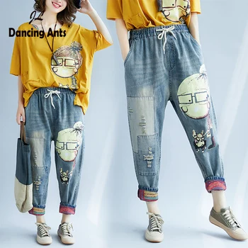 

Women Spring Autumn Fashion Brand Vintage Cartoon Dog Little Girl Print Denim Jeans Female Casual Frayed Harem Pants Trousers