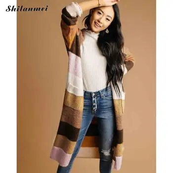 

Autumn Sweater Women Fashion Long Sleeve Striped Patchwork Knitted Cardigan Women Coats Open Front Winter Long Ladies Outerwear