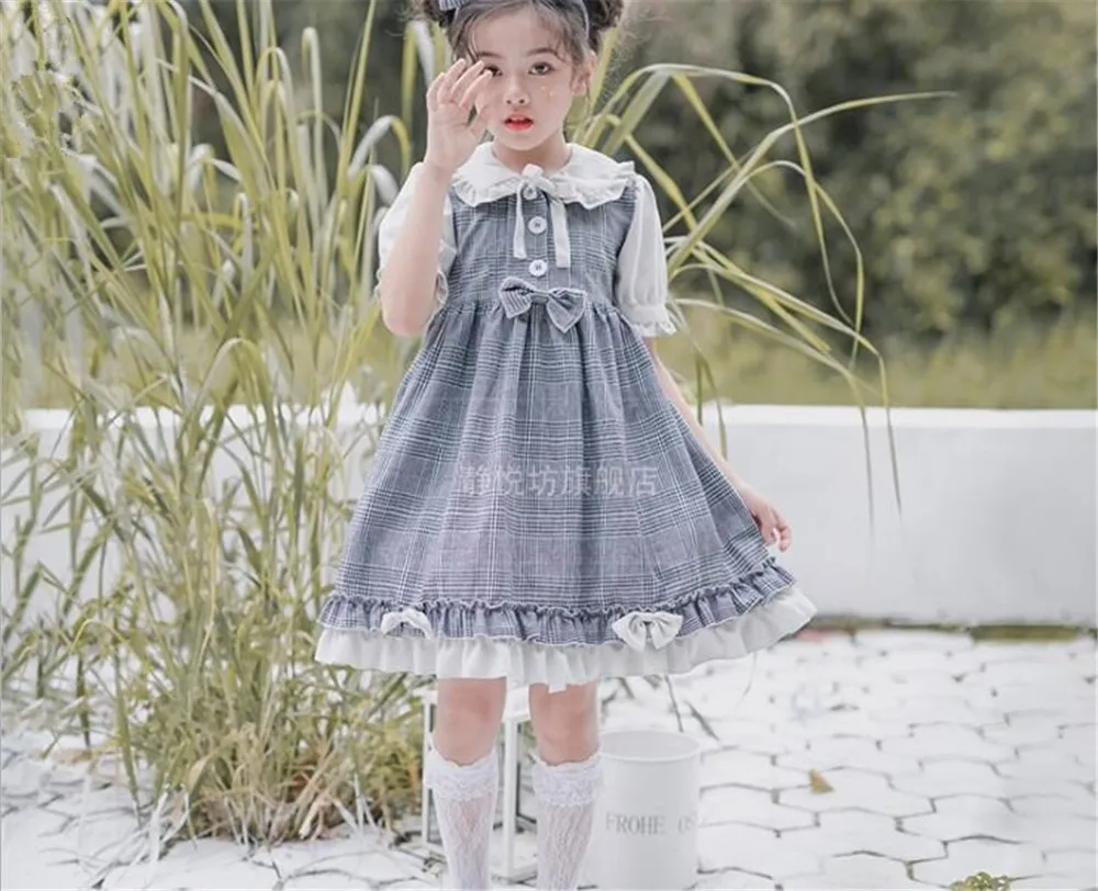 Sweet lolita dress vintage bowknot high waist short/long sleeve lattice victorian dress kawaii girl kids B817
