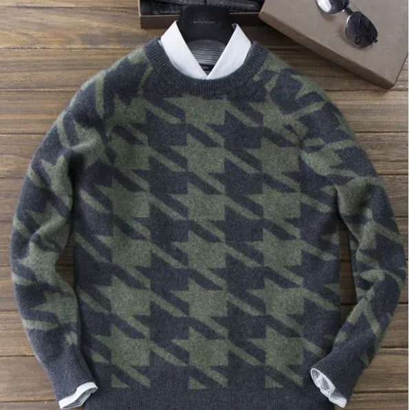 Осенние и зимние Новые короткие кашемировые свитера мужские с круглым вырезом утолщение головы мужской свитер вязаная одежда свитер большого размера - Цвет: Gray green