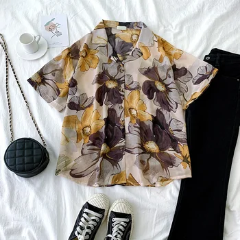 

printed chiffon women shirts 2020 summer vintage turn-down collar short-sleeved loose all match female shirts outwear tops