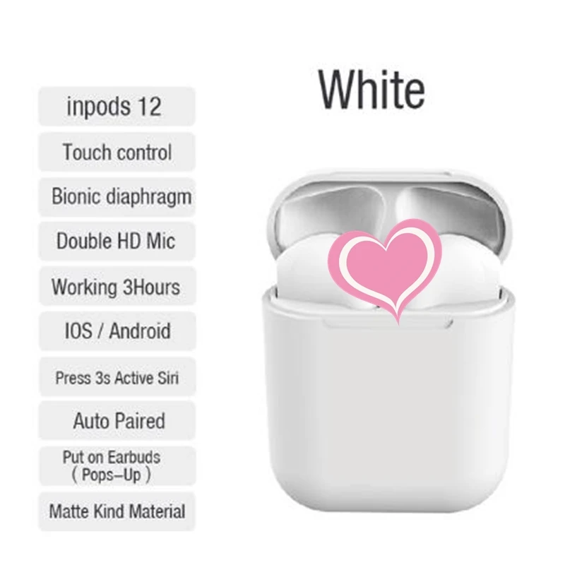 white with box I12 TWS беспроводные Bluetooth наушники матовые цветные наушники свободные руки портативные спортивные наушники музыка для смартфона - Цвет: white with box