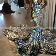 Роскошный длинный шлейф русалки Серебряное платье для выпускного вечера для девочек Блестящие Блестки v-образным вырезом африканские вечерние платья размера плюс