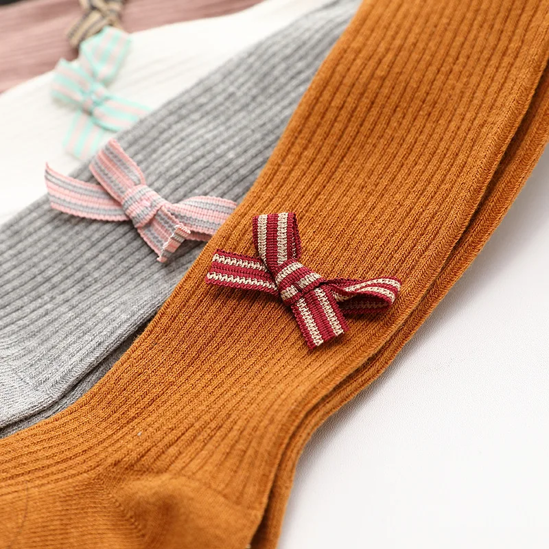 

2019 Spring And Autumn BABY'S Non-slip Socks Can Open Files Vertical Stripe Bow CHILDREN'S Leggings Small Children Baby Body-sto