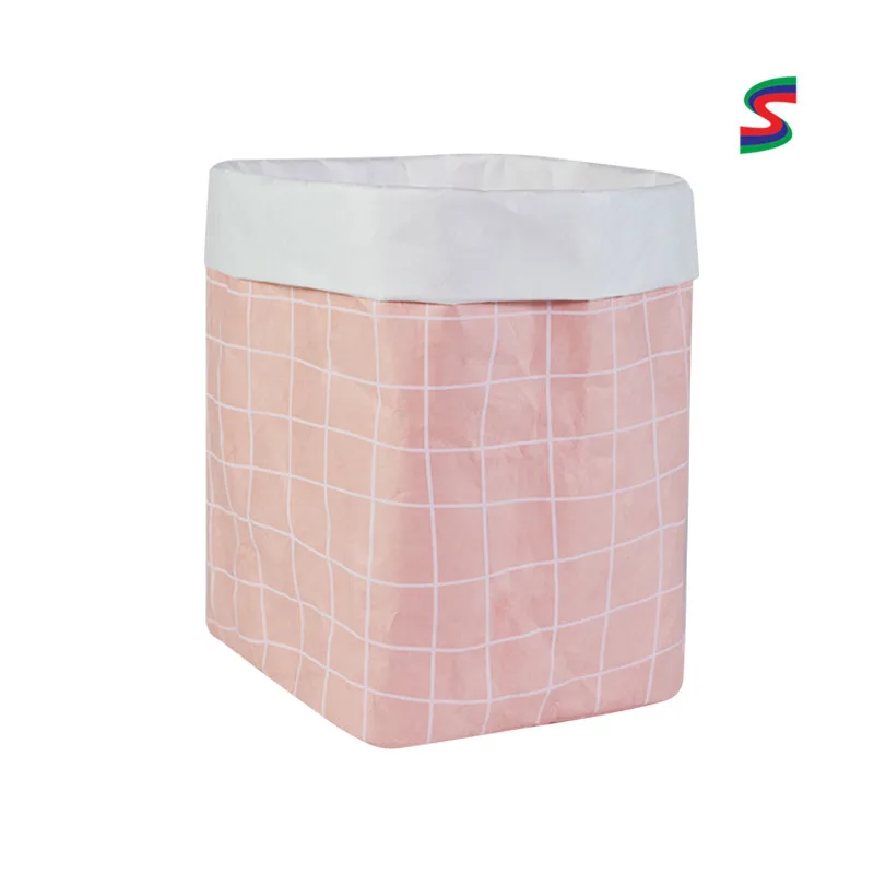Irregular Plaid Drawstring Top Kraftpaper Waterproof Customizable Laundry Basket/shou na lou Double-Sided DuPont Paper