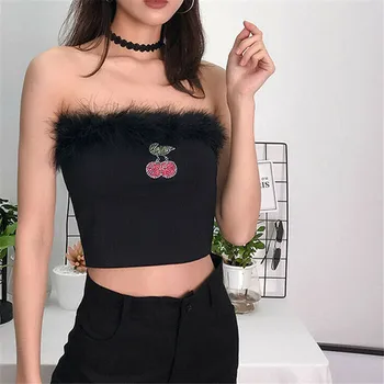 

Women Cherry Appliques Bandeau Strapless Crop Tops Faux Fur Crop