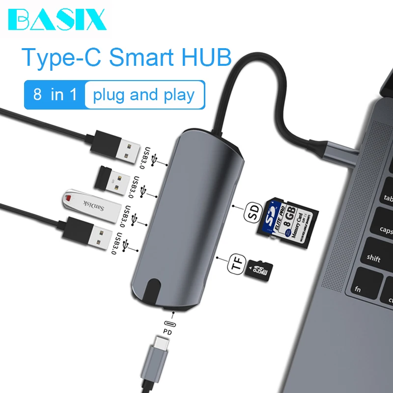 Basix Тип C концентратор Многофункциональный usb концентратор type-C разветвитель USB 3,0 концентратор HDMI RJ45 PD адаптер для Macbook Pro Аксессуары для ноутбуков
