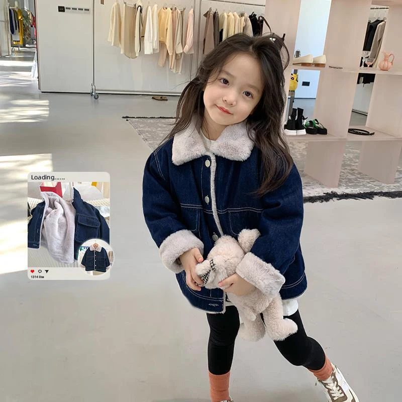 

Winter Children Thicken Clothes Baby Boys Girls Cotton Plush Velvet Jacket Kids Toddler Fashion Denim Coat Infant Casual Costume