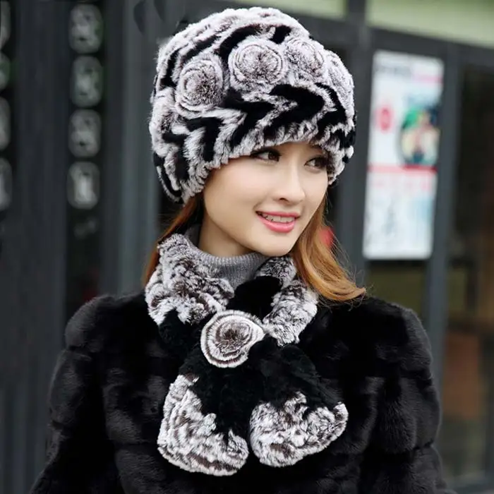 Осенняя и зимняя теплая шапка шарф набор из меха кролика Рекс травяная шляпа мать