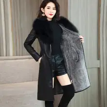 Толстая зимняя куртка Новая женская бархатная куртка из искусственной кожи Модная длинная куртка из искусственной кожи с большим меховым воротником Женская 4XL