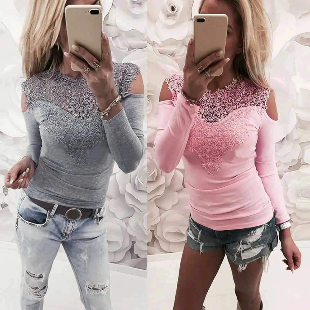 Women Autumn Sexy Solid Lace Cold Shoulder T-shirt Long Sleeve Slim New Fashion Grace Female Tops Hot Sale