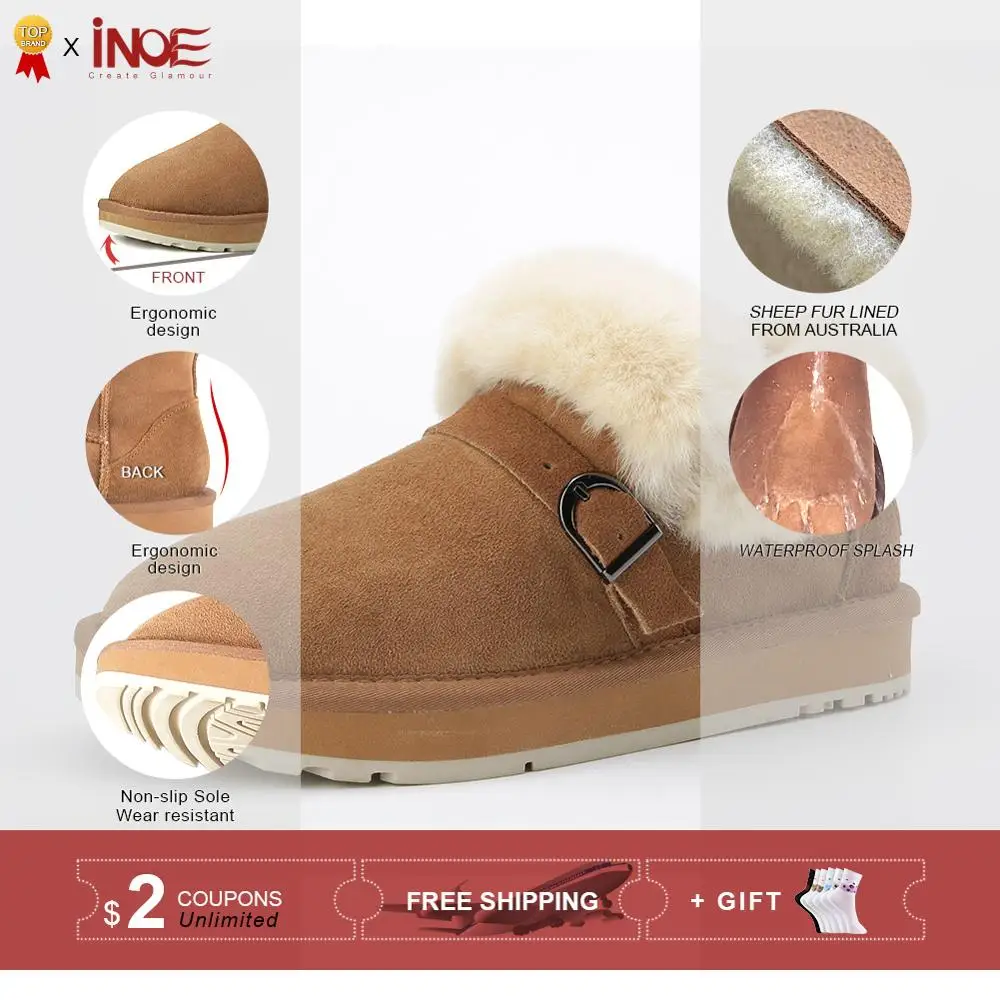 Tanie INOE skóra owcza zamszowa wełna futro pokryte kobiety krótkie kostki buty zimowe dla kobiety śnieg buty ciepłe buty mieszkania antypoślizgowa podeszwa