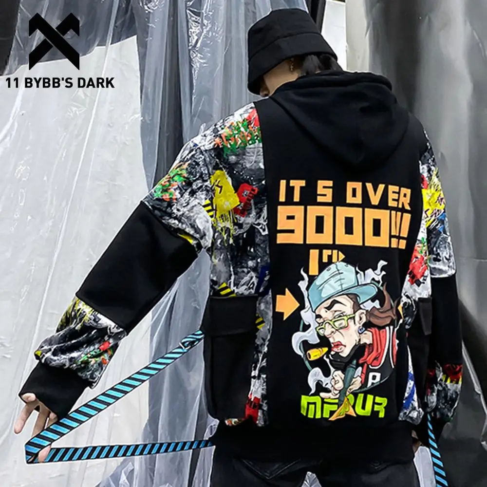 

11 BYBB'S DARK Cartoon Printed Color Block Men Hoodies Streetwear Hip Hop Patchwork Pullover Harajuku Casual Hooded Sweatshirts