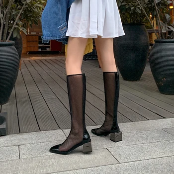

Long tube hollow mesh sandals female 2020 summer new Roman thick heel sandals mesh high heel high tube long boots Z756