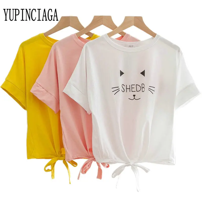 

Women Hem tie Print Funny T Shirts Short Sleeve O-Neck Cotton T Shirt 2020 Spring Femme Harajuku Cute Basic Tops Tees YUPINCIAGA