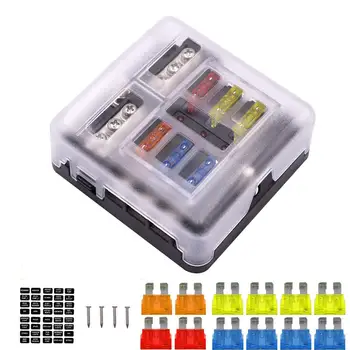 

6-Way Fuse Box Blade Fuse Block Holder Screw Nut Terminal W/Negative Bus 5A 10A 15A 20A Free Fuses LED Indicator Waterpoof Cover