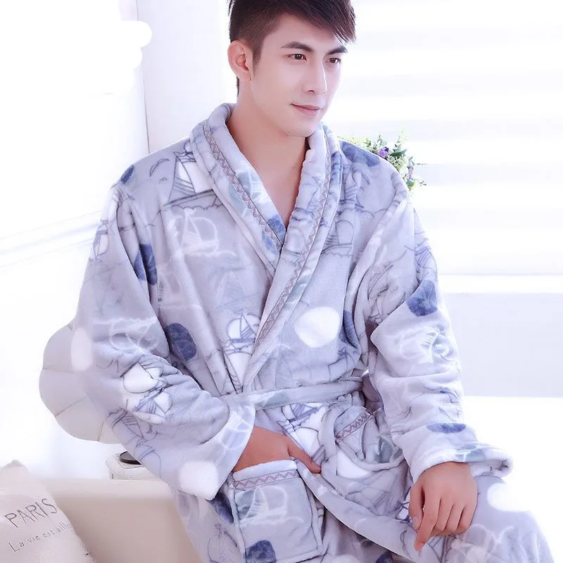 Bathrobe Men Winter Robe Plush Thick Flannel Long Sleeve Belt Kimono Men's Casual Home Sleepwear 2019 Sexy Man Pyjamas