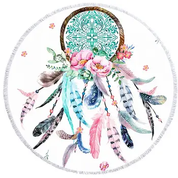 

Round Beach Towel with Tassel Dreamcatcher Tassel Mandala Microfiber Towel Travel Picnic Blanket Yoga Mat Tapestry style-3
