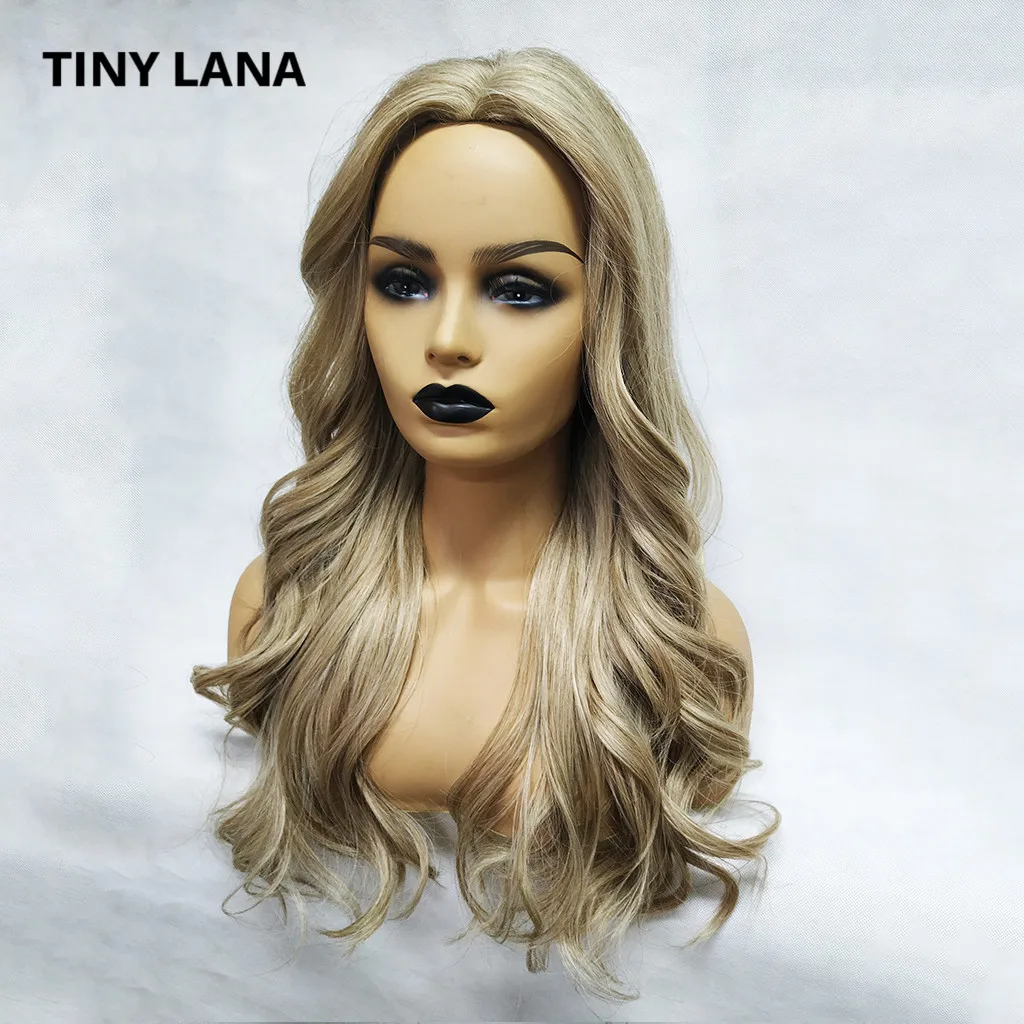 

TINY LANA 24'' Long Ombre Brown Ash Blonde High Density Temperature Synthetic Wigs For Women Glueless Wavy Cosplay Hair lolita