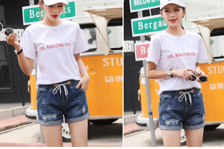 Summer Wear New Style Elastic Waist Elastic Denim Shorts Women's Shorts with Holes Fashion Shorts Sub-a-Piece